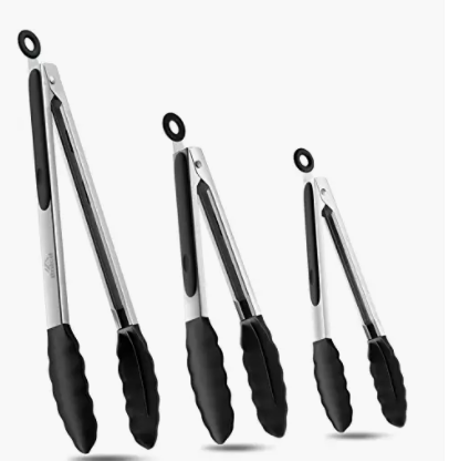 Sandwich Goat Kitchen Tongs - Set of 3-7" 9" and 12" Black Premium Stainless Steel Locking Cooking Tongs